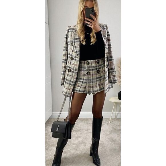 ZARA WOMAN DOUBLE-BREASTED TEXTURED CHECK BLAZER SAND BLACK 2075/299 FW20 Large - Picture 3 of 14